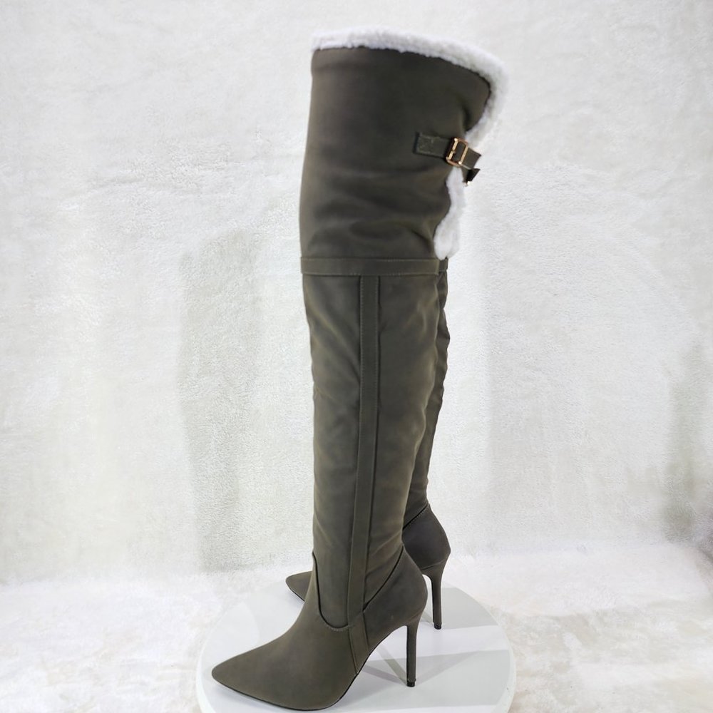 Olive Green Fluffy Fleece Lined Fold Under / Over the Knee Pointy Toe Boots - Picture 3 of 13